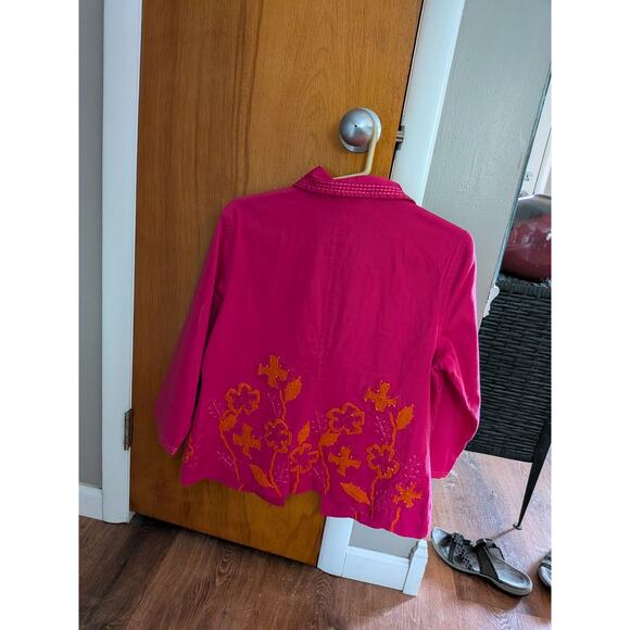 Chico's sz 1 jacket Womens Large Floral Embroidered Button Down Pink Orange - Picture 7 of 8